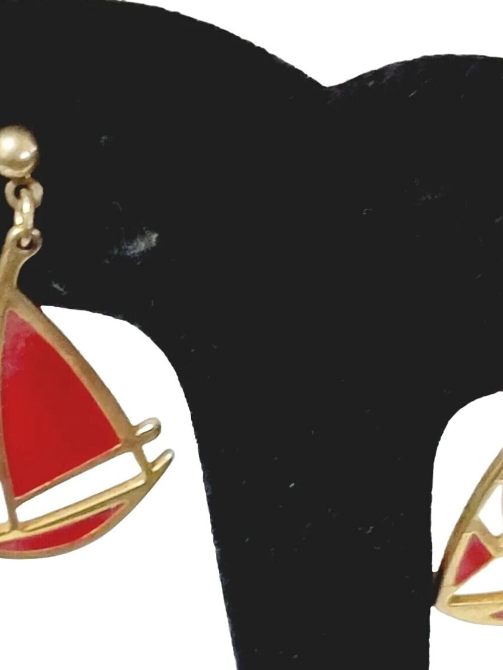 Vintage Red Pierced Earrings Sailboat Dangles 2" Long Enamel Gold-tone rp-20
